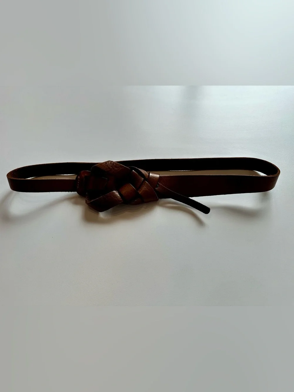 Vintage Brown Genuine Leather Knotted Skinny Belt Boho Western 36”